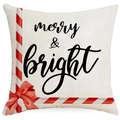Christmas cushion cover featuring merry and bright print with a festive red bow - Red and White Stripe Bow Style (YMD376-4)