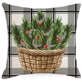 Weihnachts-Kissenbezug aus Leinen mit Kiefernzweig-Korb und Beeren auf grauem Karo-Muster - Kieferkorb Karo Stil (YMD382-1)