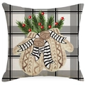 Weihnachtlicher Kissenbezug aus Leinen mit Karomuster, Handschuhen, Glocken und Tannenzweigen - Fäustlinge Glocken Karo Stil (YMD382-4)