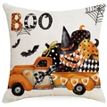 Federa per cuscino in lino a tema Halloween con camion di zucche e scritta festiva BOO - Stile Pick-up Vintage Zucca (YMD384-1)