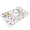 America theme table mat with red and blue stars on cream fabric for holiday decor - Off-white America Text (CD22-5)