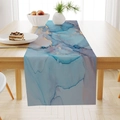 Chemin de table en lin moderne avec motifs marbrés bleu et or et encre fluide - Zq24-3 / 33x183cm