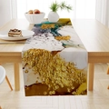 Linen table runner featuring gold marble pattern and blue ink art on wooden dining table - Zq24-5 / 33x183cm