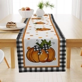 Autumn linen table runner with orange pumpkins and black white checkered borders - Pumpkin Plaid Style (ZQ23-1) / 33*183cm