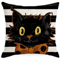 Halloween Kissenhülle mit schwarz-weißen Streifen und Katze mit orangefarbener Schleife - Schwarze Katze Streifen Stil (YMD383-3)