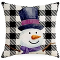 Nordischer Weihnachts-Kissenbezug aus Leinen mit Schneemann und schwarz-weißem Karo - 45*45cm (Kein Inlett) / Schneemann mit lila Hut Stil (YMD388-2)