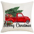 Linen Christmas pillow cover featuring a red truck with a tree and Merry Christmas text - Red Vintage Truck Style (YMD385-2)