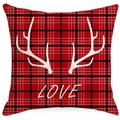 Christmas plaid pillow cover with white antlers and Love print on red tartan linen - Red And Black Plaid Antlers Style (YMD387-1) / 45x45cm