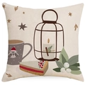 Kerst kussenhoes met feestelijke wasbeer illustratie en bessen op linnen structuur - Winter Lantaarn Stijl (YMD386-1) / Enkele Verpakking (Alleen Hoes)