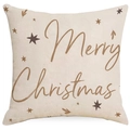 Linnen kerstkussenhoes met bruine Merry Christmas tekst en sterpatronen op beige stof - Merry Christmas Typografie Stijl (YMD386-2) / Enkele Verpakking (Alleen Hoes)