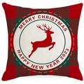 Detail of red and green plaid edge with reindeer print on Christmas pillowcase - Reindeer Silhouette Plaid Border Style (YMD387-3) / 45x45cm