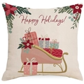 Kerst kussensloop van linnen met roze arrenslee en feestelijke bloemenpatronen - Happy Holidays Slee Stijl (YMD386-4) / Enkele Verpakking (Alleen Hoes)