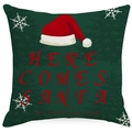 Detailed view of dark green linen Christmas pillow cover with red Santa hat and festive text - Dark Green Santa Hat Style (YMD387-6) / 45x45cm