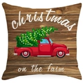 Weihnachts-Kissenbezug mit rotem Truck und Tannenbaum auf ländlichem Holz-Hintergrund - Weihnachten Auf Dem Bauernhof (YMD389-2)