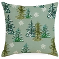 Sage green Christmas pillow cover with printed pine trees and snowflakes on linen texture - Sage Green Pine Forest