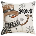 Fodera per cuscino natalizia con stampa pupazzo di neve e scritta SNOW in lino - Motivo Pupazzo di Neve SNOW (YMD395-3)