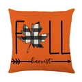 Herfst kussensloop van oranje linnen met FALL-letters en geblokte esdoornblad opdruk - Fall Harvest Tekst En Esdoornblad (YMD356-3)