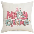 Pink Merry Christmas pillow cover in linen with festive tree and bell patterns - Merry Christmas Bubble Font (YMD402-1) / 18x18 Inch