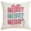 Pink Merry Christmas linen pillow cover with snowman print for festive sofa decor - Merry Christmas Snowman Bow (YMD402-2) / 18x18 Inch