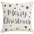 Weihnachts-Kissenbezug aus cremefarbenem Leinen mit festlichem grauem Schriftzug und Sternen - Merry Christmas Buchstaben mit schwarzen Schneeflocken (YMD377-1) / 45*45cm (Kein Inlett)