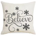 Weihnachts-Kissenbezug mit Schneemann-Text 'Believe' und Flocken auf Leinen - Believe Buchstaben mit Schneeflocken-Deko (YMD377-2) / 45*45cm (Kein Inlett)