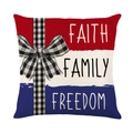 Linen Independence Day pillow cover featuring patriotic stripes and buffalo check bow - 18x18 Inch / Faith Family Freedom (YMD315-19)