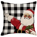 Kerst kussensloop met kerstman en zwart-wit ruitpatroon van linnen materiaal - Cartoon Kerstman Patroon (YMD403-3) / 45*45cm (Geen Binnenkussen)