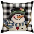 Kerst kussensloop met sneeuwpop op zwart-wit geruite achtergrond en linnen textuur - Zwart Wit Ruit Sneeuwpop Patroon (YMD403-1) / 45*45cm (Geen Binnenkussen)