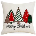 Linnen kussensloop met vijf kerstbomen en de tekst Merry Christmas voor kerst - Handgeschilderde Kerstboom Patroon (YMD403-4) / 45*45cm (Geen Binnenkussen)
