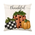 Linen autumn pillow cover with thankful text and pumpkin pattern for home decor - Thankful Three Pumpkins (YMD356-12)