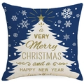 Blauwe kerstkussensloop van linnen met witte kerstbomen en gouden feestelijke tekst - 45x45 cm / Blauwe Kerstboom Stijl (YMD405-3)