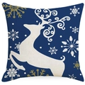 Kerstkussensloop van linnen in marineblauw met prints van rendieren en sneeuwvlokken - 45x45 cm / Blauwe Eland Stijl (YMD405-4)