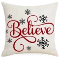 Christmas cushion cover with red Believe text and black snowflakes on beige linen fabric - Red Believe Script with Snowflakes (YMD377-8) / 45*45cm (No Insert)