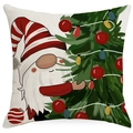 Square Christmas linen pillow case featuring a Swedish Gnome and decorated Xmas tree - 45x45cm / Cartoon Gnome Christmas Tree (4)