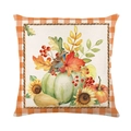 Linen autumn pillow cover with pumpkins, birds, and sunflowers on orange checkered frame - Sunflower Pumpkin Plaid Border (YMD356-16)