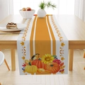 Linen autumn table runner featuring orange stripes, pumpkins, sunflowers and a bird - Striped Pumpkin Sunflower Bird Style (ZQ23-4) / 33*183cm