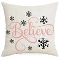 Christmas snowman pillowcase with pink Believe text and black snowflake patterns - Pink Believe Script with Snowflakes (YMD377-12) / 45*45cm (No Insert)
