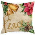 Christmas linen pillow cover with Peace script, golden bells and poinsettia flower print - Peace Lettering Floral (YMD408-2) / 45x45CM (No Core)