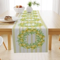 Leinen-Tischläufer mit Sommer-Zitronenprint und gelben Streifen auf einem Holztisch - Gelb Weiß Streifen Zitronen Kranz (ZQ27-1) / 33*183cm