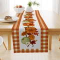 Autumn table runner with pumpkin and maple leaf print featuring orange gingham borders - Pumpkin Maple Leaf Plaid Border Style (ZQ23-7) / 33*183cm