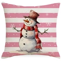 Pink striped Christmas pillow cover with watercolor snowman and snowflakes pattern - Snowman with Hat Illustration (YMD409-2) / Cover Only