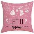 Pink linen Christmas pillowcase with Let It Snow text and festive white linear illustrations - LET IT SNOW Script (YMD409-3) / Cover Only
