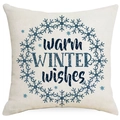 Federa per cuscino quadrata in lino con fiocco di neve blu e scritta Warm Winter Wishes - Motivo Ghirlanda di Fiocchi Warm Winter Wishes (YMD412-2) / 45*45cm (Senza Inserto)