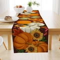 Linen table runner featuring autumn pumpkins and maple leaf prints for fall decoration - Dark Background Autumn Elements Style (ZQ23-8) / 33*183cm