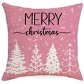 Pink Christmas pillowcase with white Christmas tree and Merry Christmas print on linen texture - MERRY CHRISTMAS Tree Pattern (YMD409-4) / Cover Only