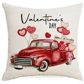 Valentijnsdag kussenhoes met rode vintage truck en aquarel harten print op linnen stof - 45x45 cm / Vintage Rode Pick-up Truck Patroon (YMD419-2)