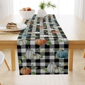 Autumn linen table runner featuring colorful pumpkins on a black and white buffalo check pattern - Black White Plaid Pumpkin Leaves Style (ZQ23-12) / 33*183cm
