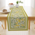 Camino de mesa de lino con estampado de limones de verano y hojas en mesa de madera - Limón Fresco Hoja Verde Rayas Blancas (ZQ27-4) / 33*183cm