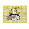 Linen placemat with lemon gnome pattern and Welcome sign on yellow plaid background - Welcome Gnome Lemon Plaid (CD19-16) / Cotton-Linen Look / CD19-16