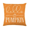 Square orange linen cushion cover featuring white hello PUMPKIN print and pumpkin sketch - HELLO PUMPKIN Orange Text Pattern (YMD373-14)